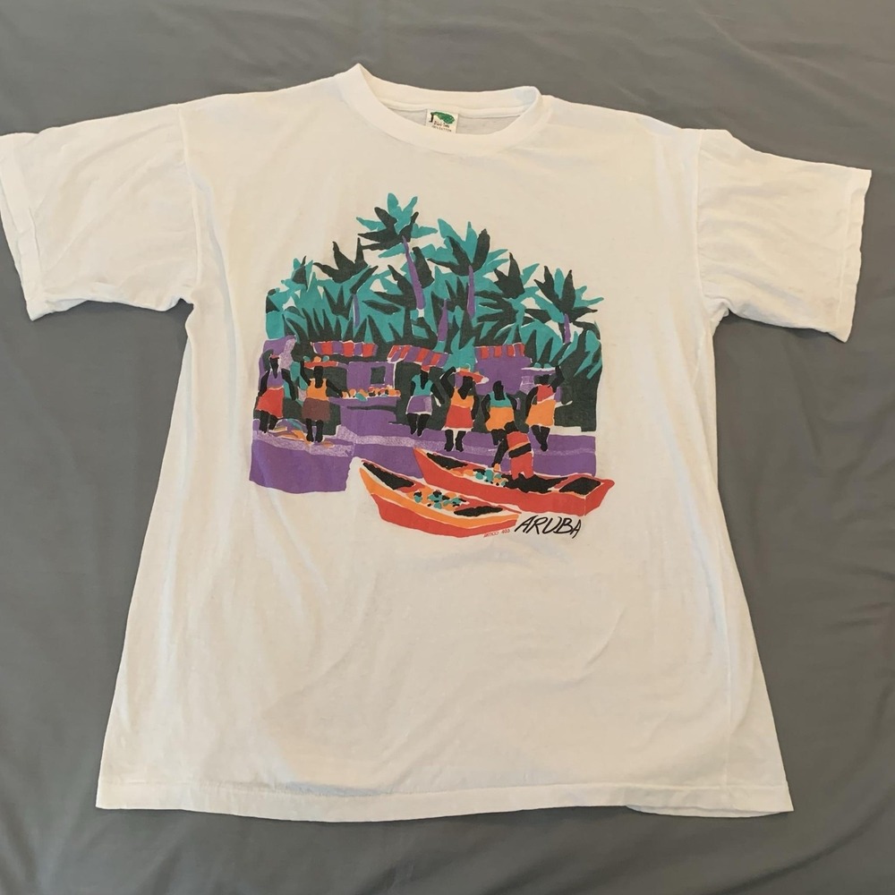 Vintage‎ Divi-Tee Aruba Shirt Mens XL White Tropical Boats Graphic Tee T-Shirt